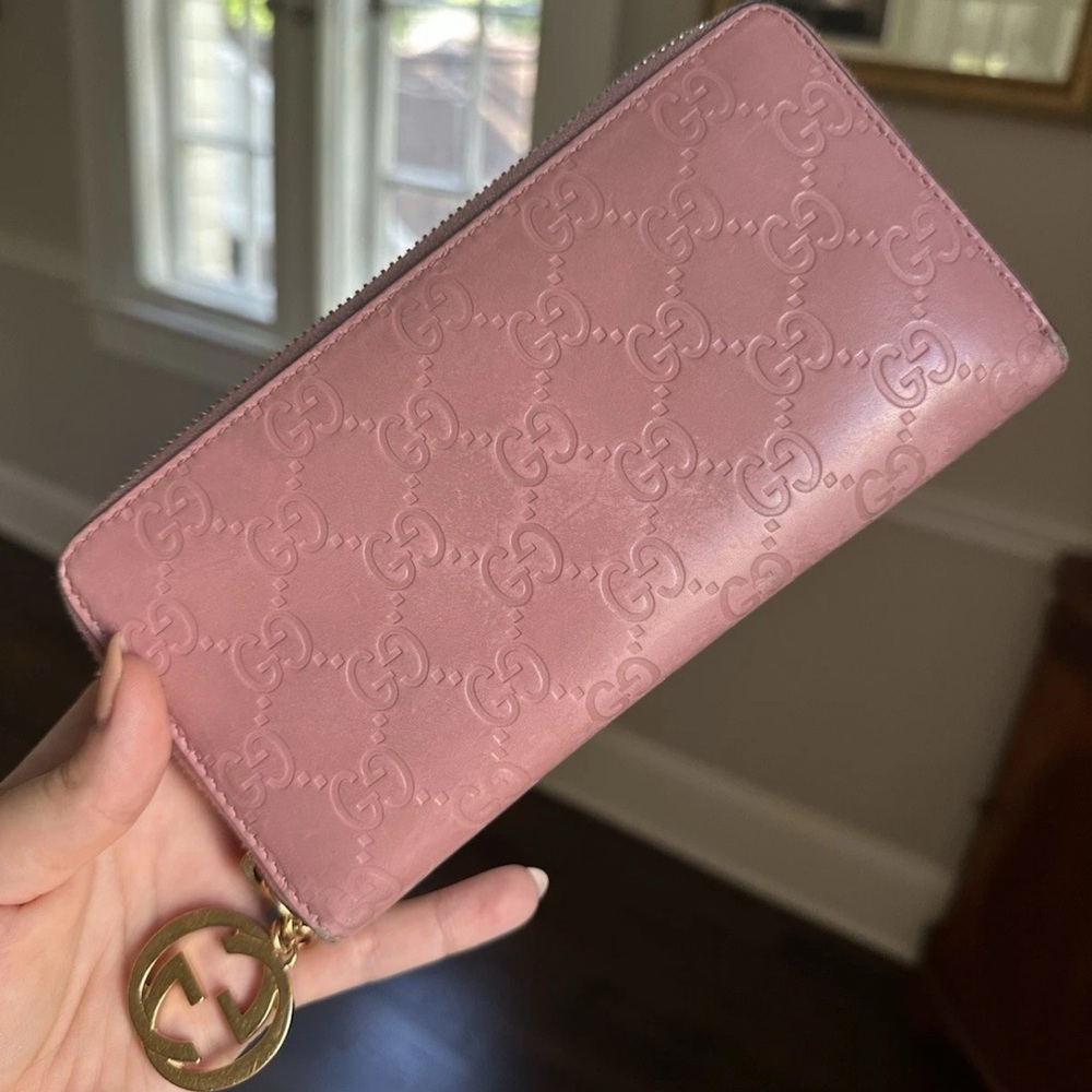GUCCI Guccissima Leather Zip Around Wallet Pink Gold w/ COA